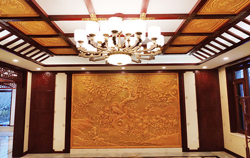 鼎湖中式别墅客厅中式木作横梁吊顶装饰展示